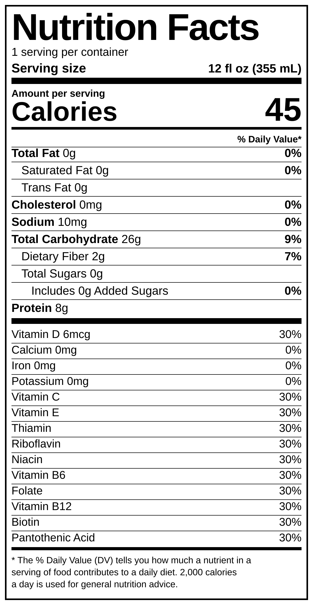 Zeus Joos Orange Blast Nutrition Facts graphic. One 12 fl oz (355 mL) bottle: 45 calories, 8g protein, 26g carbohydrate, 2g dietary fiber, 0g total sugars and 0g added sugars. 30% Daily Value of each of 11 vitamins. Contains milk.